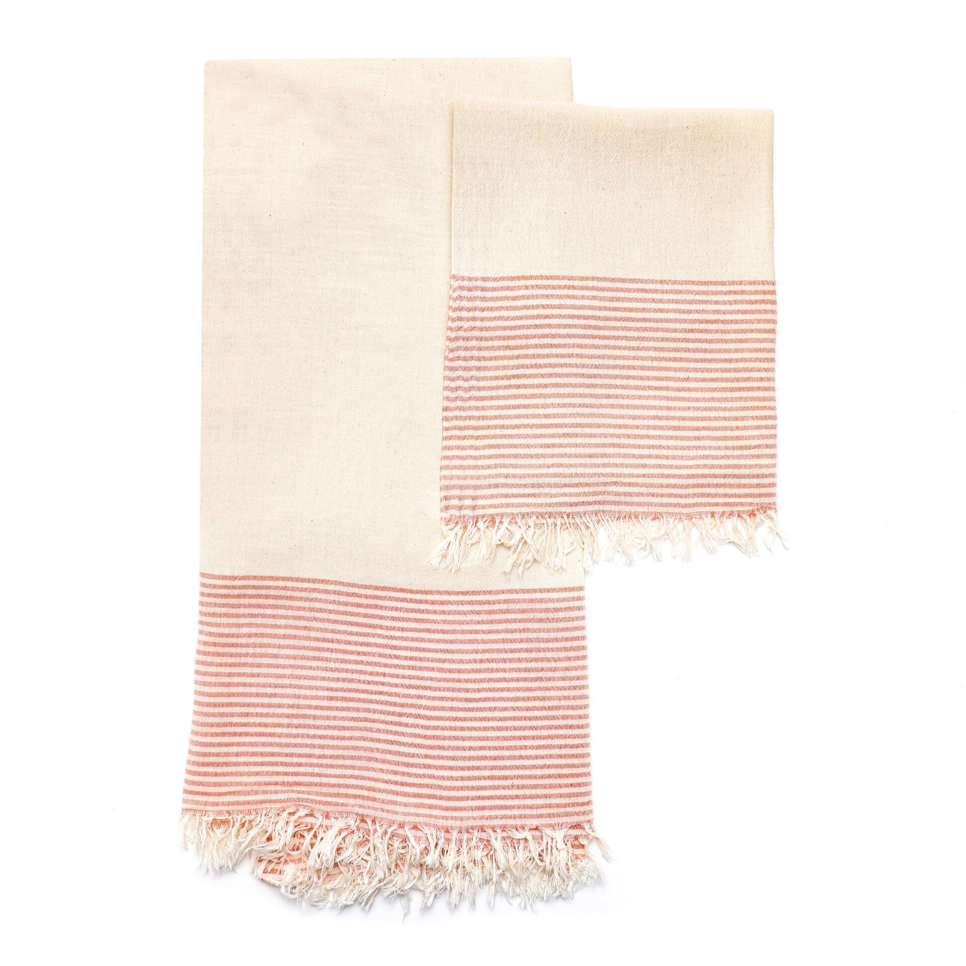 Ekru Renk Kırmızı Çizgili Pamuk Peşkir ve Peştemal Seti