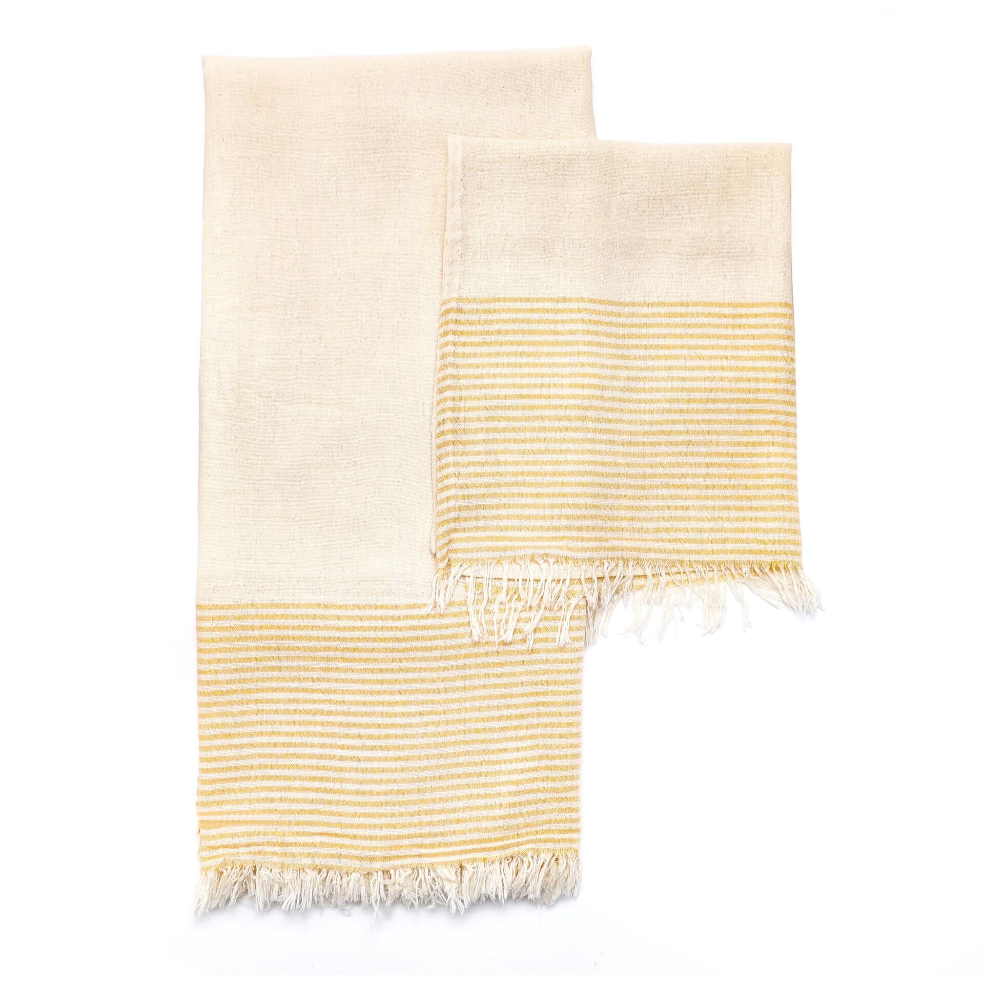 Ekru Renk Sarı Çizgili Pamuk Peşkir ve Peştemal Seti