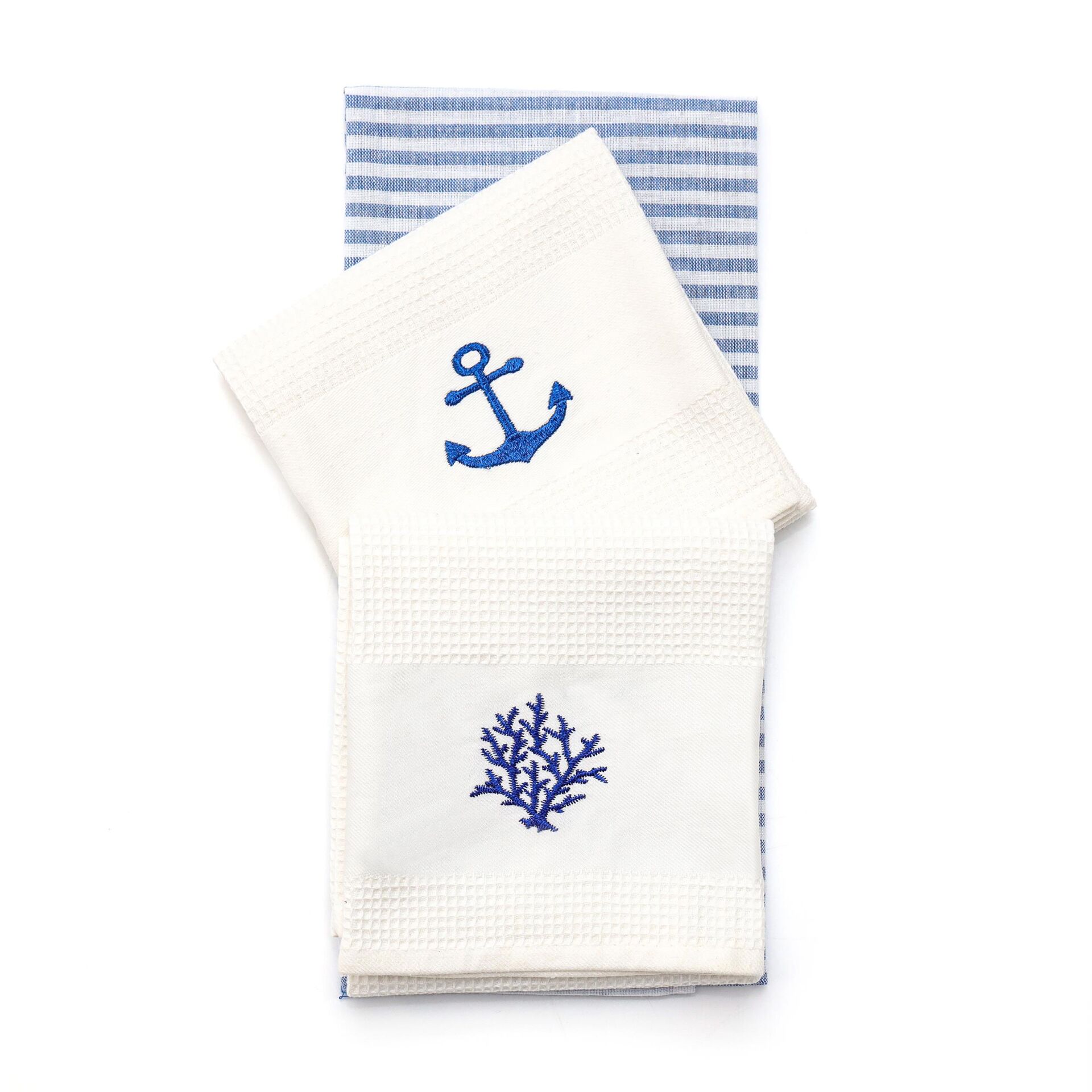 3'lü Marin Mavi Coral ve Çapa Nakışlı Kurulama Bezi Seti