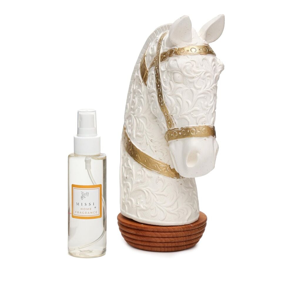 Dekoratif Gold Detaylı At Figürlü Seramik Koku Taşı-(100 ml Black Vanilya Sprey dahil)