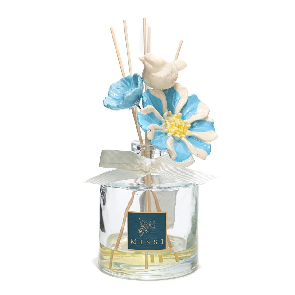 Crystal Bloom Collection Azure-Parlak Sırlı Seramik Çiçekli Oda Kokusu-Vanilya Sandal