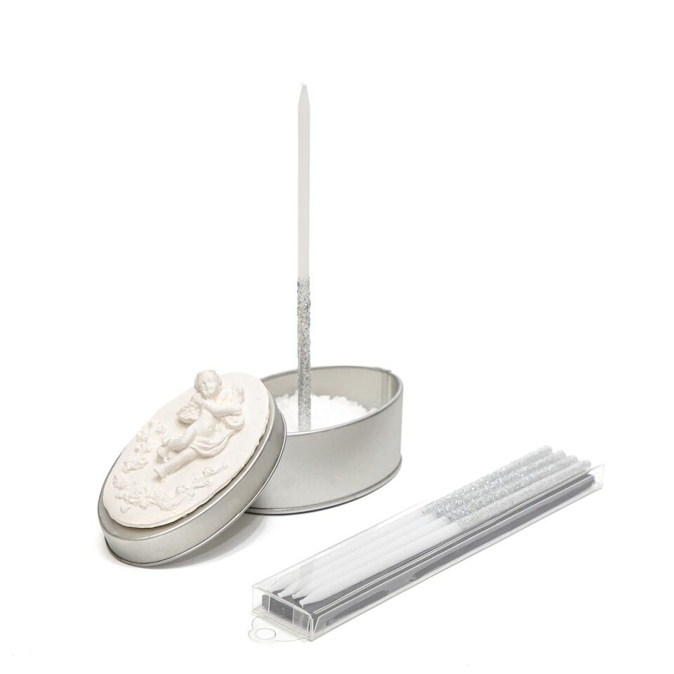 Gümüş Simli 5'li Dilek Mumu ve Kokulu Melek Seramik Taşlı Teneke Kutu Seti