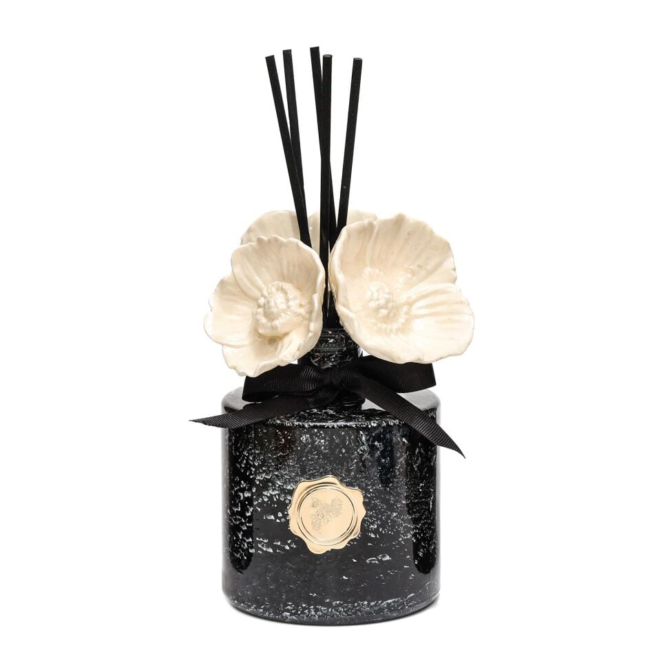 Marble Bloom Serisi- Parlak Sırlı Seramik Çiçekli Black Vanilya Oda Kokusu