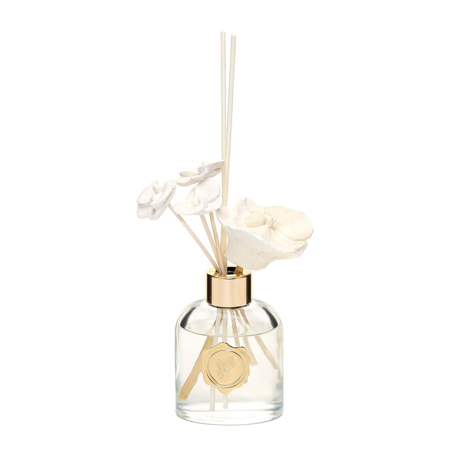 130 ml Elips Cam Şişe Seramik Çiçek Taşlı Bambu Çubuklu Oud Vanilya Oda Kokusu