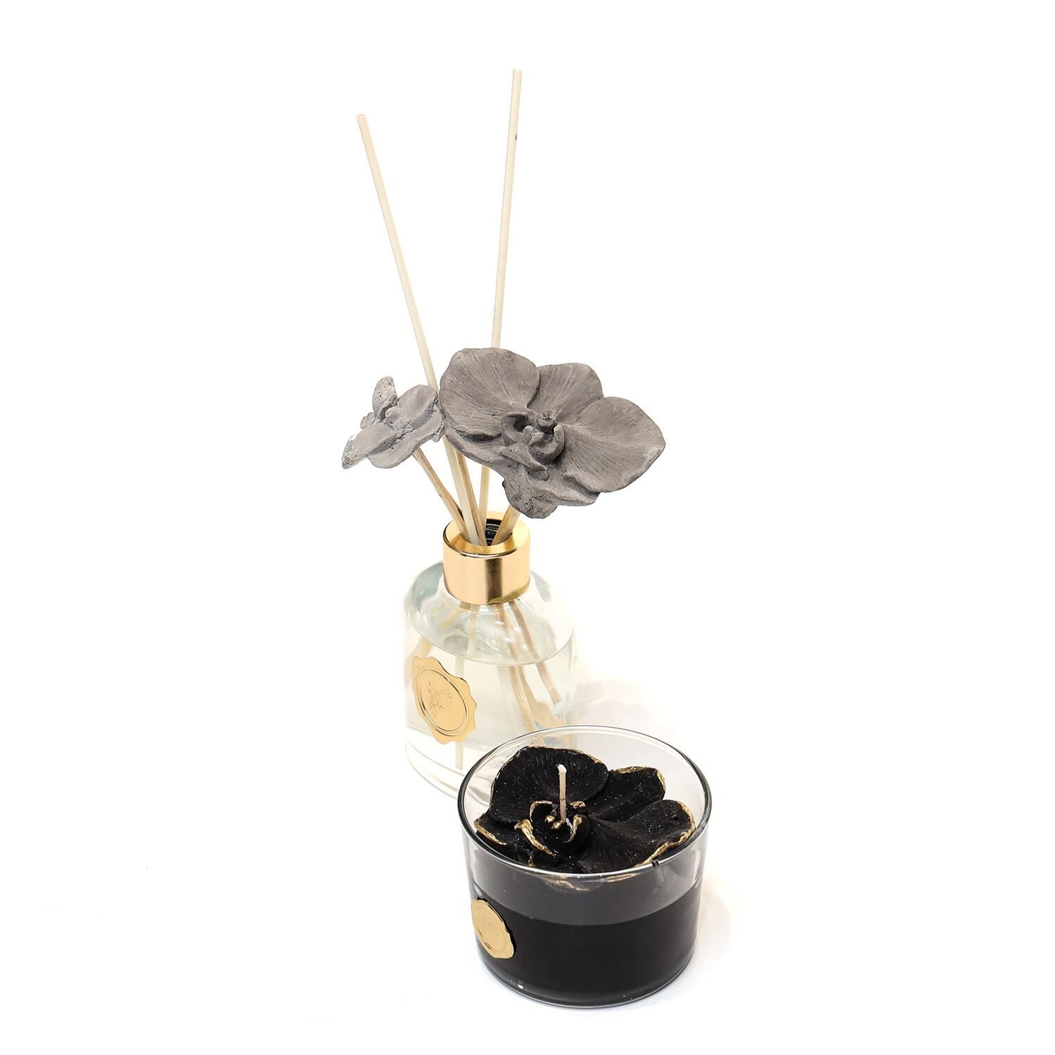 130 ml Black Orchid Oda Kokusu ve Çiçek Dekorlu Kokulu Vegan Mum Seti