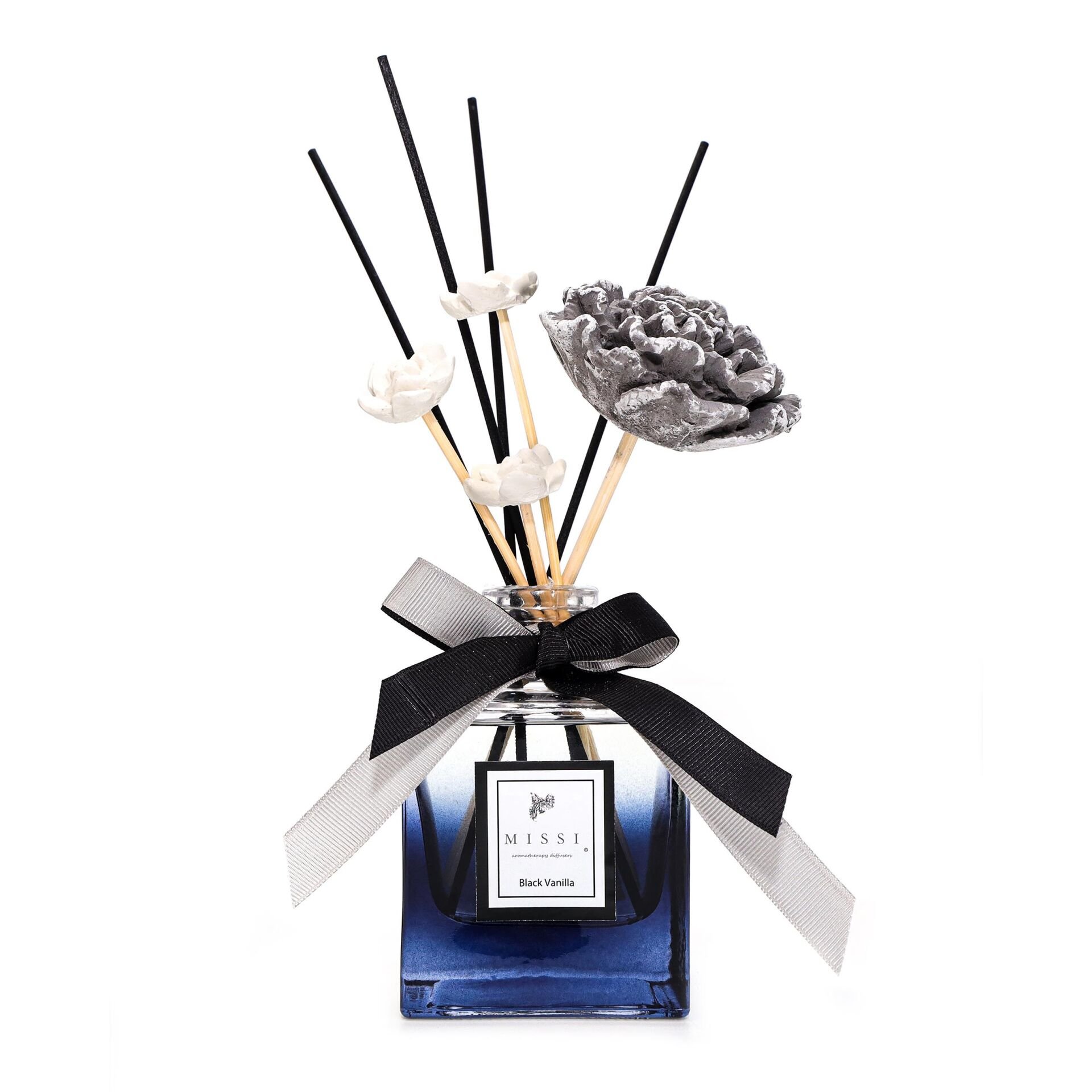 220 ml Siyah Kare Cam Şişe Seramik Çiçek Taş Bambu Çubuklu Black Orchid Oda Kokusu