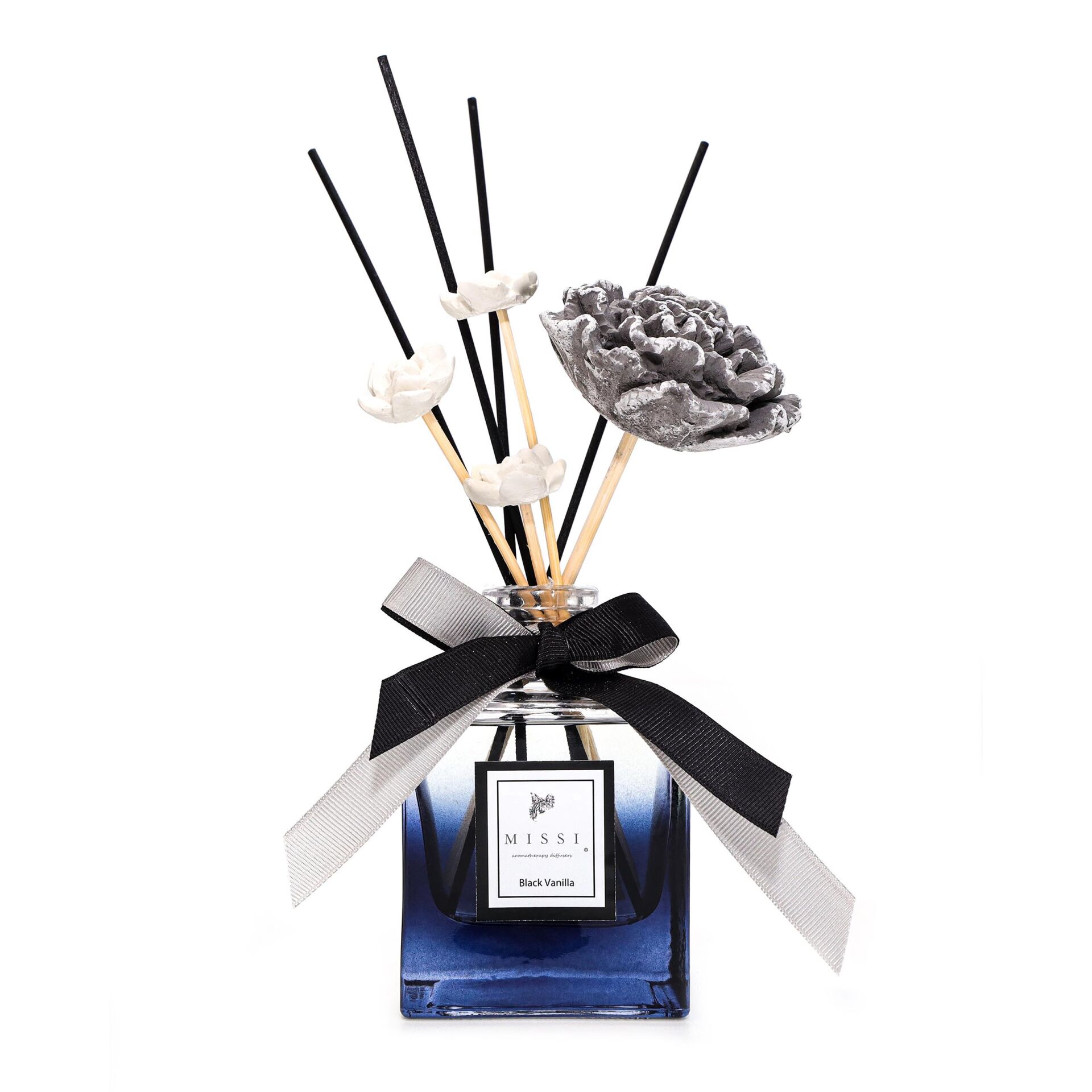 220 ml Siyah Kare Cam Şişe Seramik Çiçek Taş Bambu Çubuklu Black Orchid Oda Kokusu