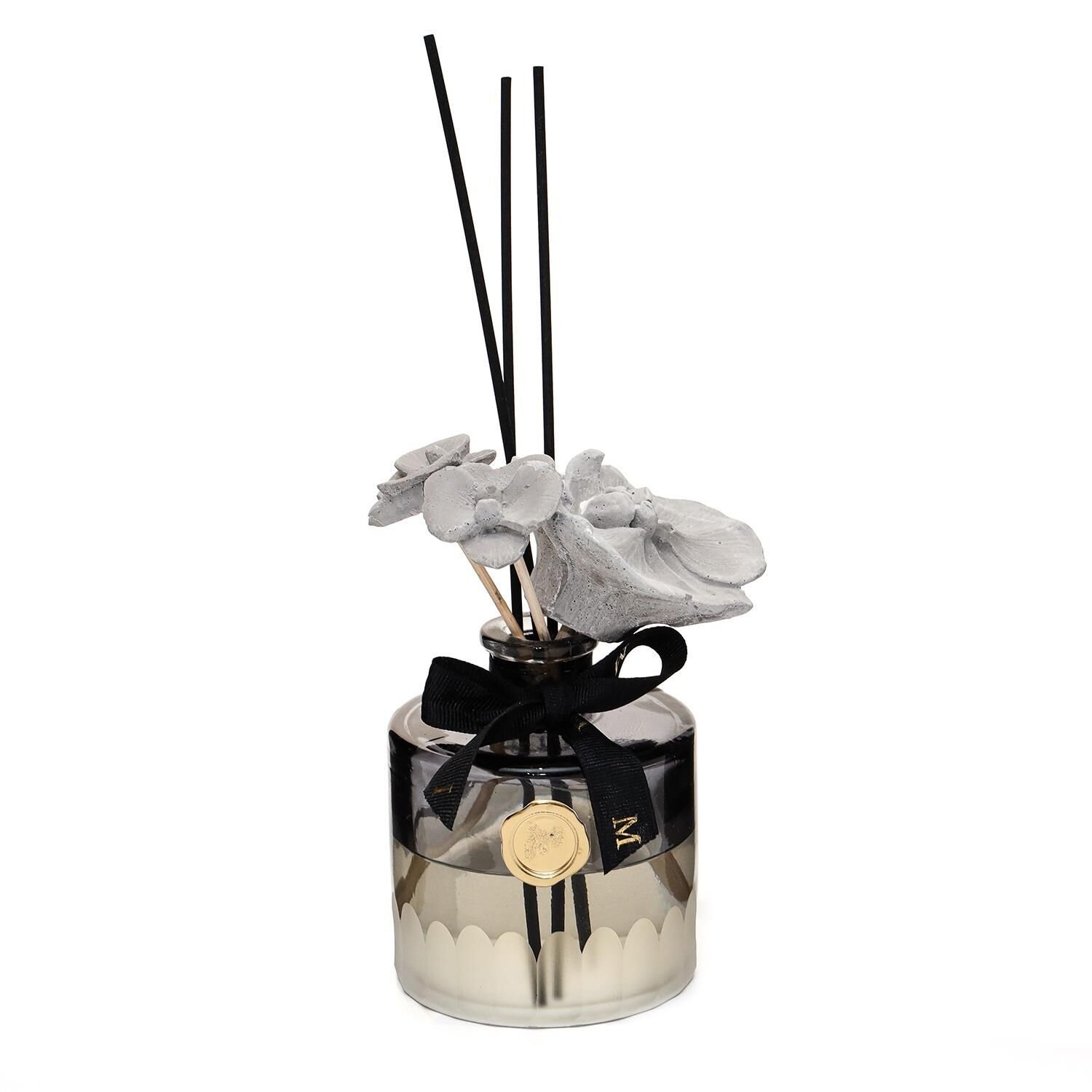 200 ml Siyah Kristal Kesme Cam Şişe Seramik Çiçek Taş Bambu Çubuklu Black Orchid Oda Kokusu