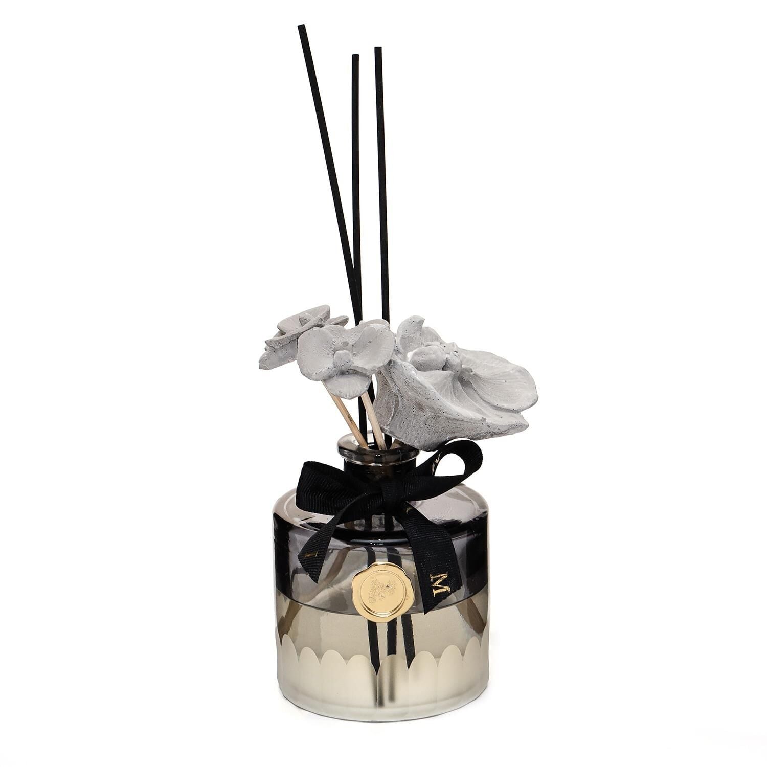 200 ml Siyah Kristal Kesme Cam Şişe Seramik Çiçek Taş Bambu Çubuklu Black Orchid Oda Kokusu