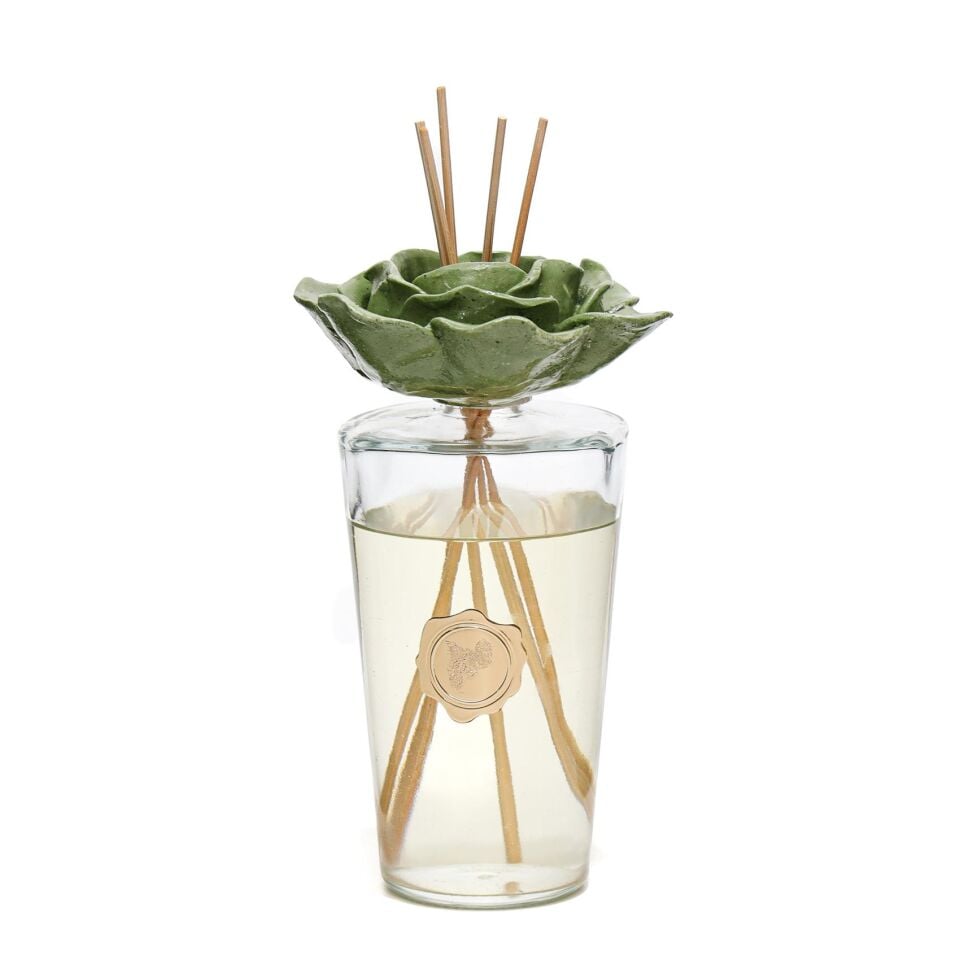 Parlak Sırlı Yeşil Seramik Gül Detaylı Çubuklu Oda Kokusu 400 ml-White Jasmine