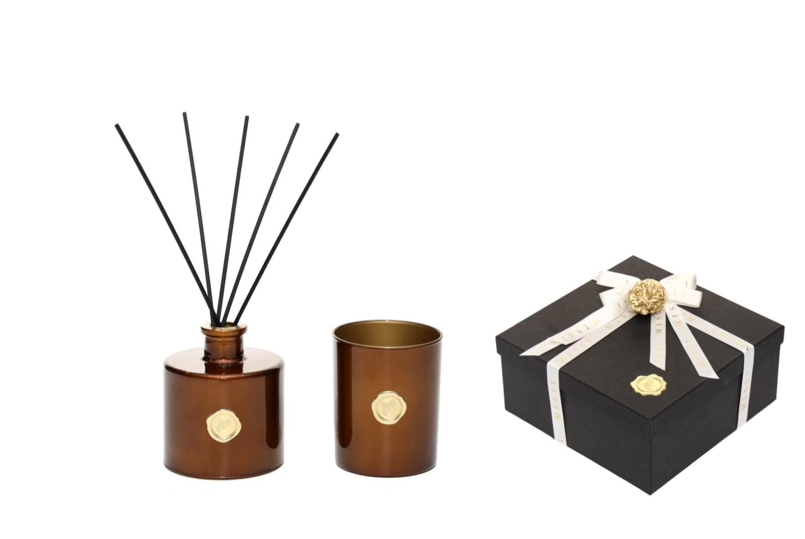 Kahverengi Golden Glow 200 ml Dark Amber Oda Kokusu ve Mumluk Hediye Seti (Dekoratif Sıvama Kutulu)
