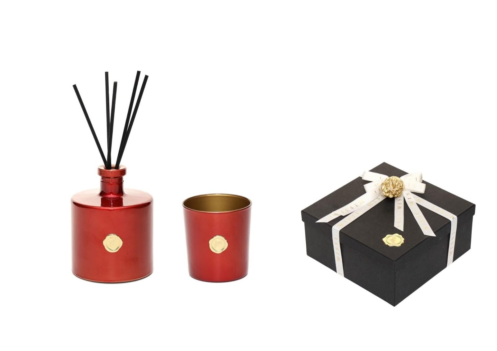 Kırmızı Golden Glow 500 ml İncir-Nar Oda Kokusu ve Mumluk Hediye Seti (Dekoratif Sıvama Kutulu)