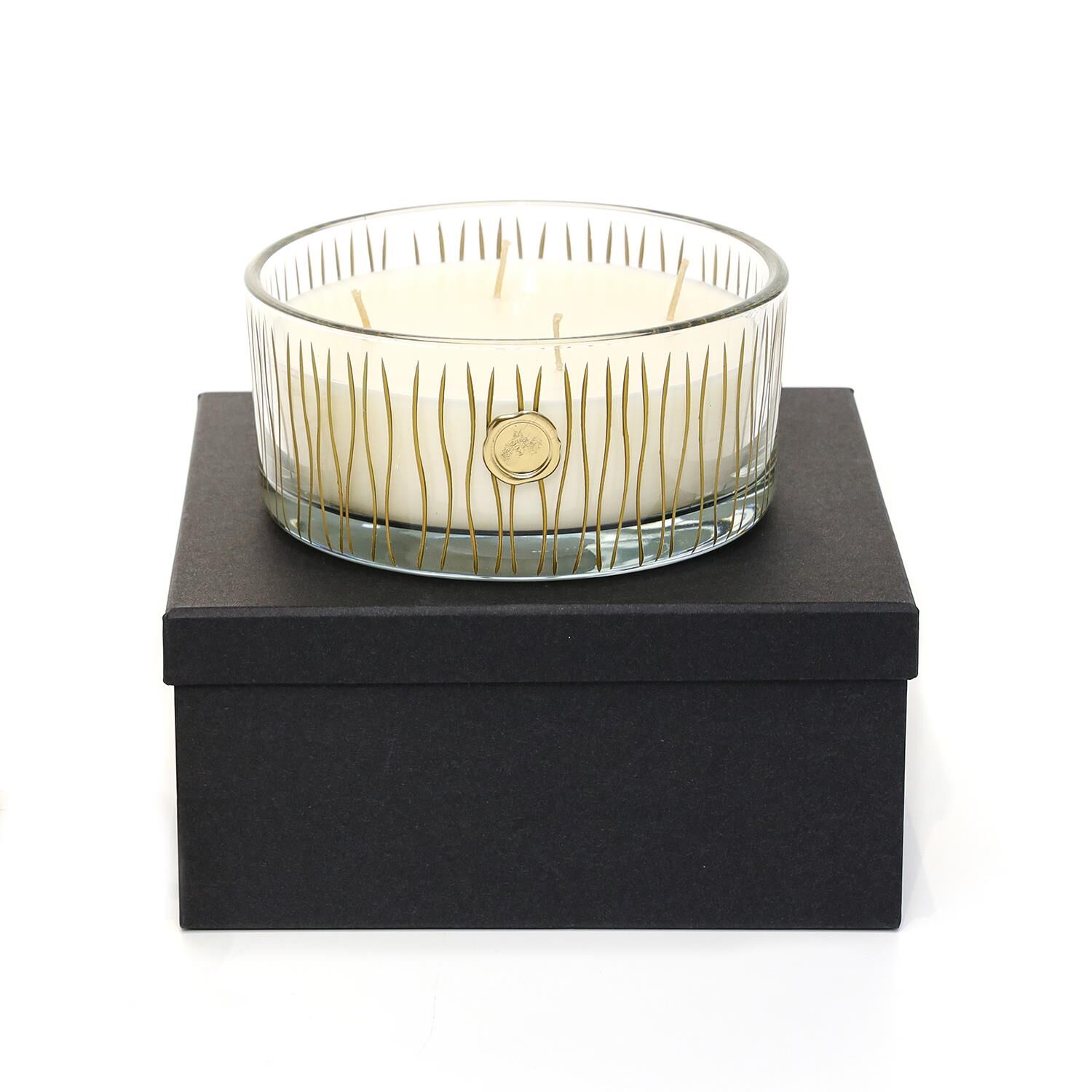 Özel El Kesimi Gold Çizgili Cam Çanak içi Oud Vanilya Kokulu Vegan Mum (Dekoratif Sıvama Kutulu)