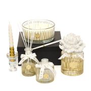 Özel El Kesimi Gold Çizgili Cam Çanak içi Oud Vanilya Kokulu Vegan Mum (Dekoratif Sıvama Kutulu)