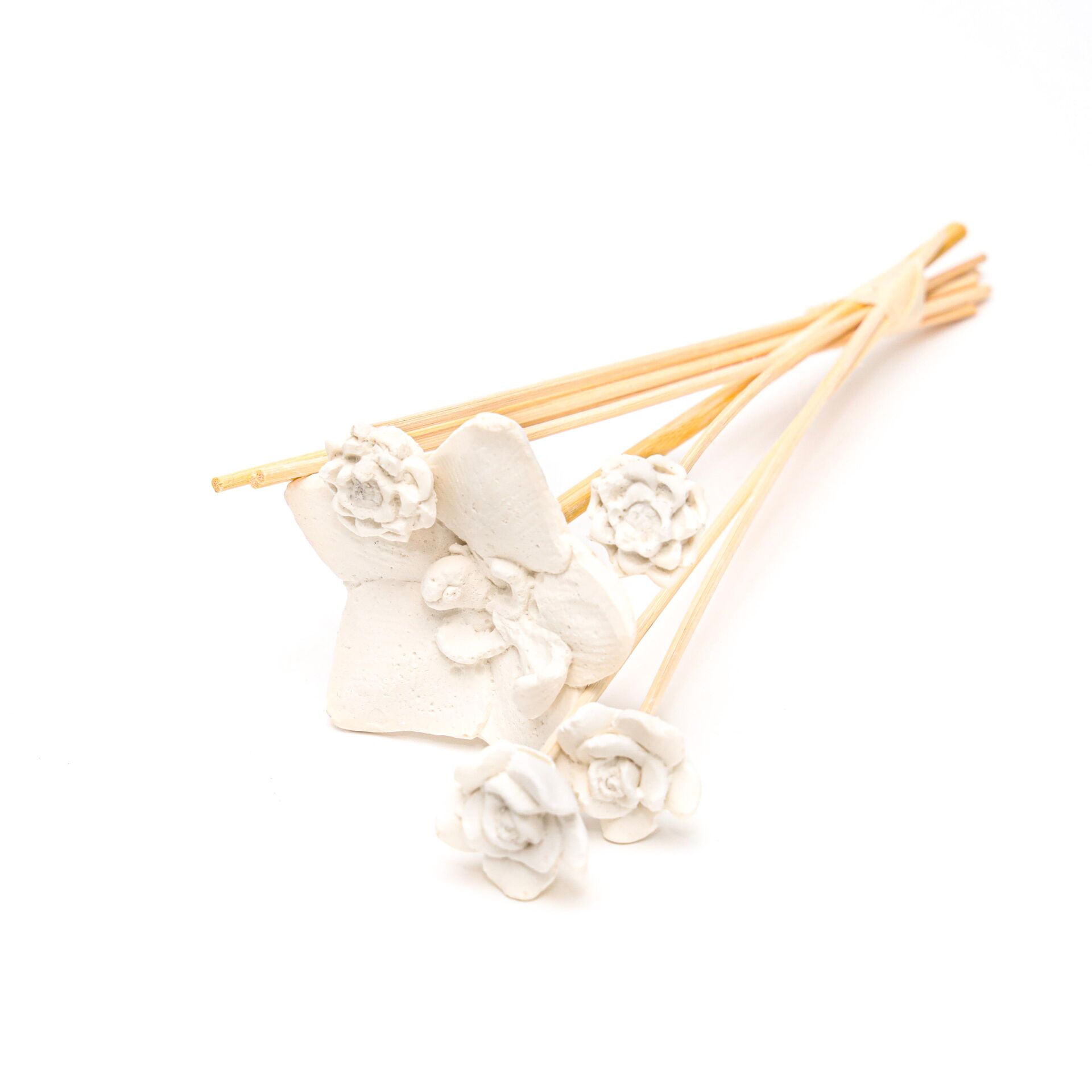 Beyaz Karışık Çiçek Taşlı 10'lu Doğal Bambu Kamış Seti