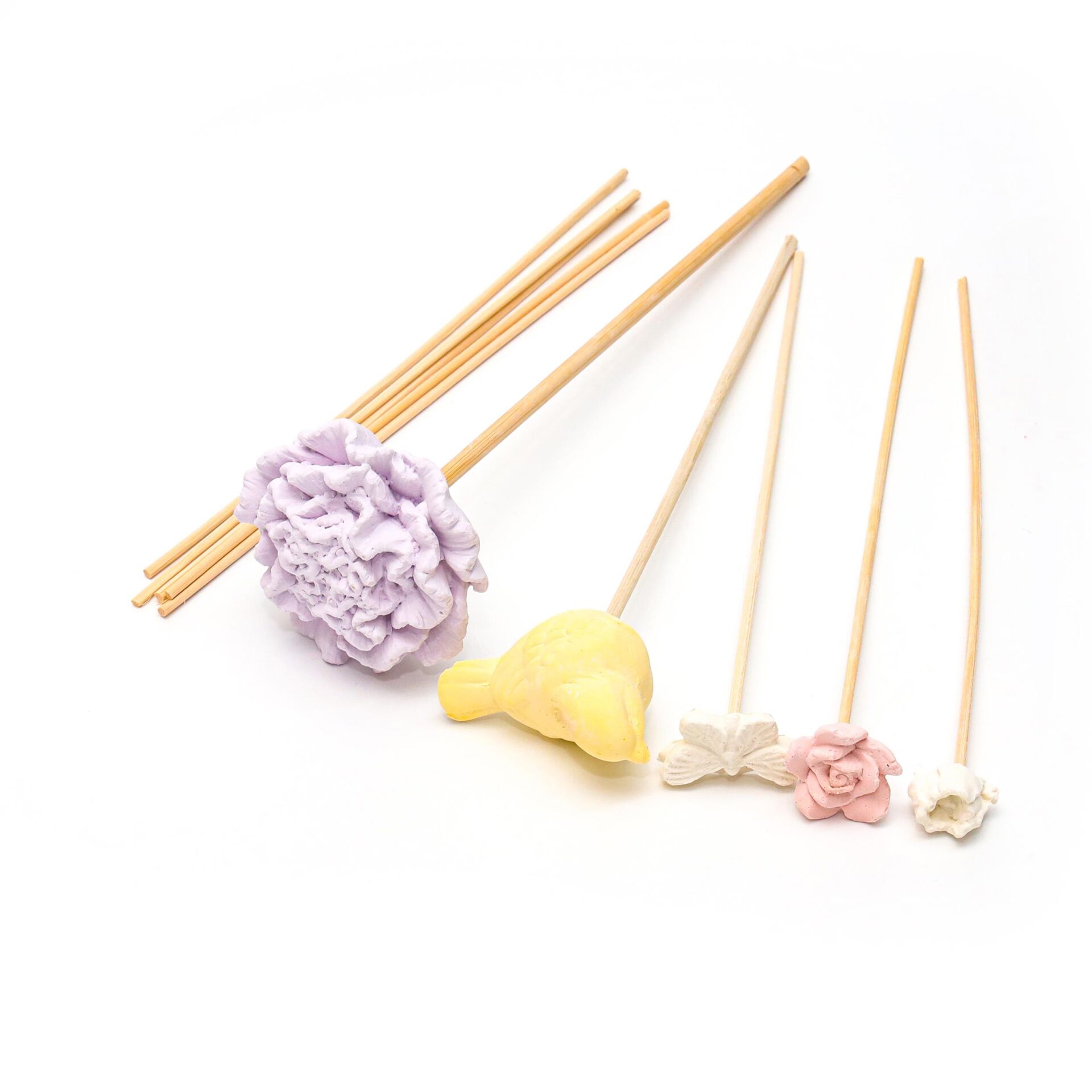 Lila Karışık Çiçek ve Kuş Taşlı 10'lu Doğal Bambu Kamış Seti